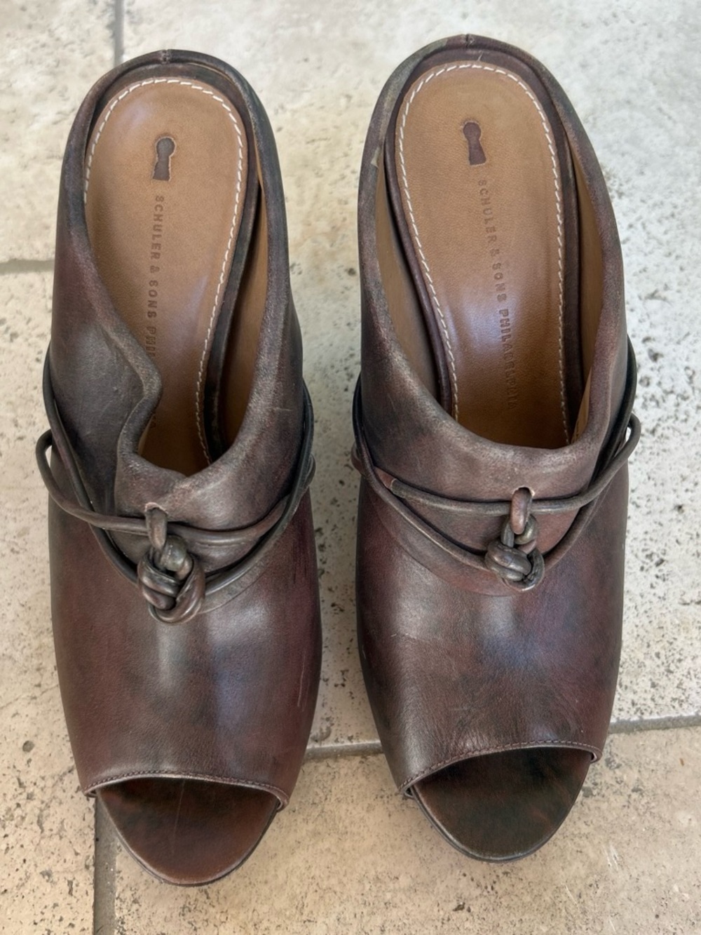 Schuler and Sons Philadelphia Brown Leather Peep-Toe Slide Mules